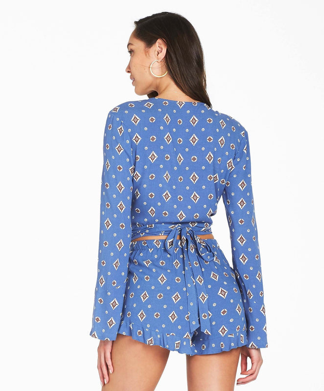 Sadaf Longsleeve Wrap Crop Top - Blue